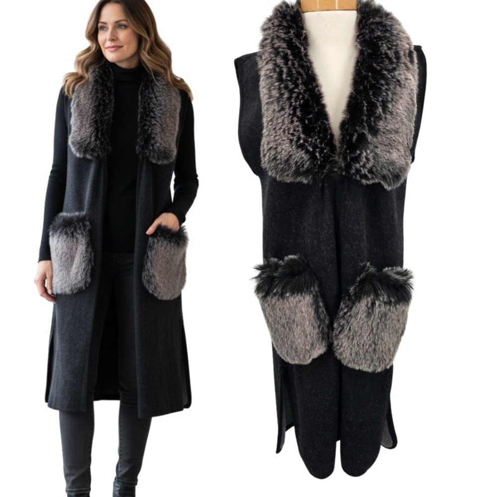 SIONI Long Gray/Black Vest with Faux Fur Collar and Pocket Trim Size S/M NWT